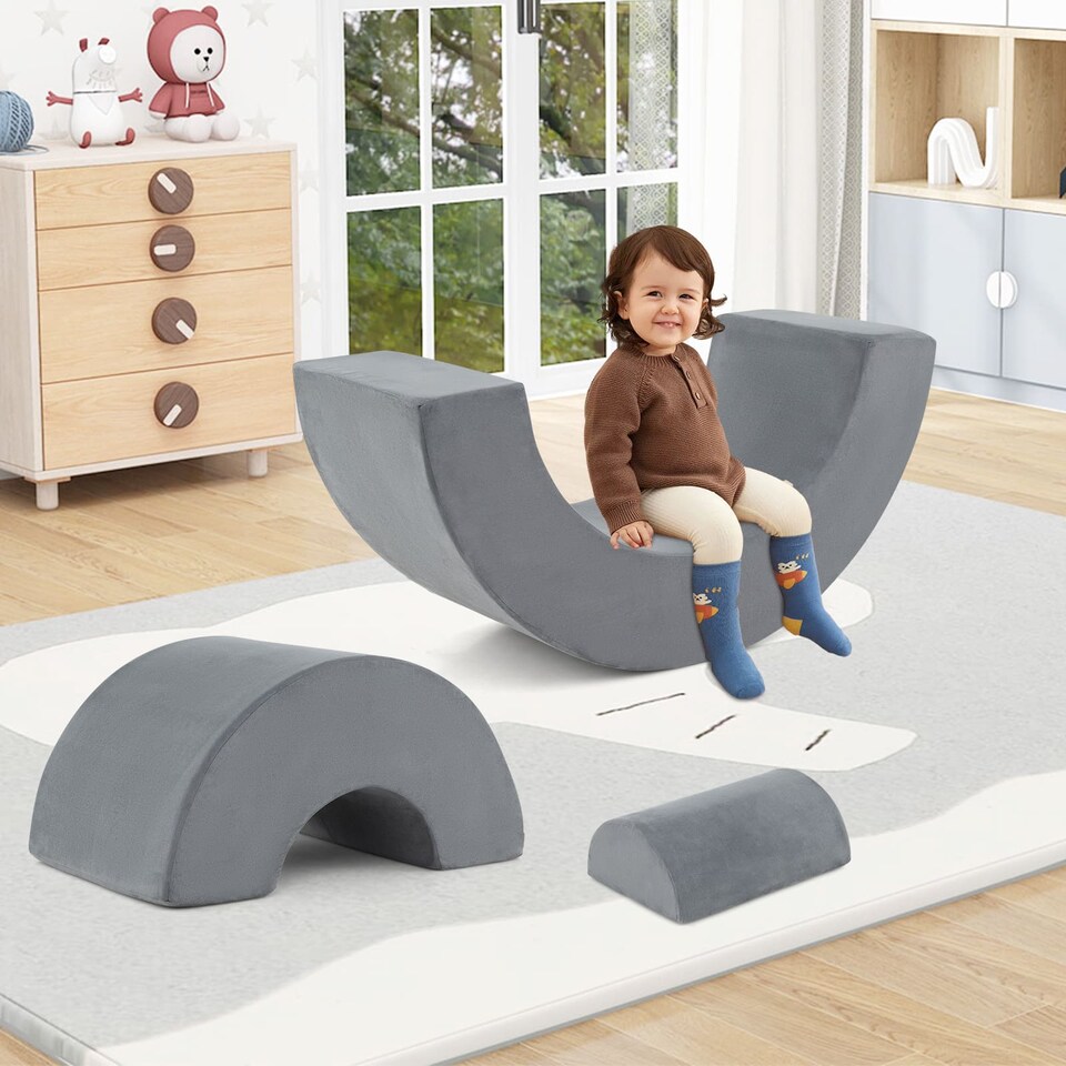 image 1 of COSTWAY 3 Piece Toddlers Climbing Toy Indoor Soft Play Equipment Playset-Grey