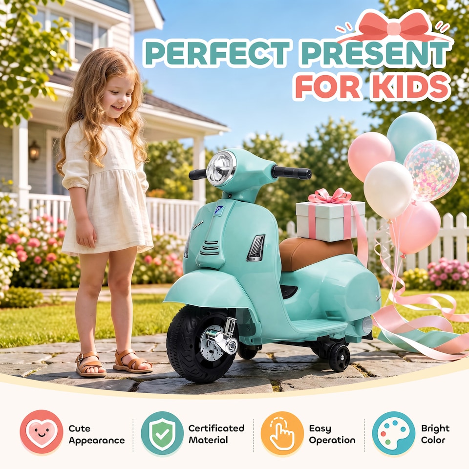 image 1 of HOMCOM Vespa Licensed Kids Ride On Motorcycle, 6V Battery Powered, Green