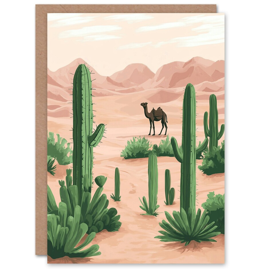 image 1 of Camel in Pastel Pink Desert Sand Dunes and Cacti Birthday Greeting Card