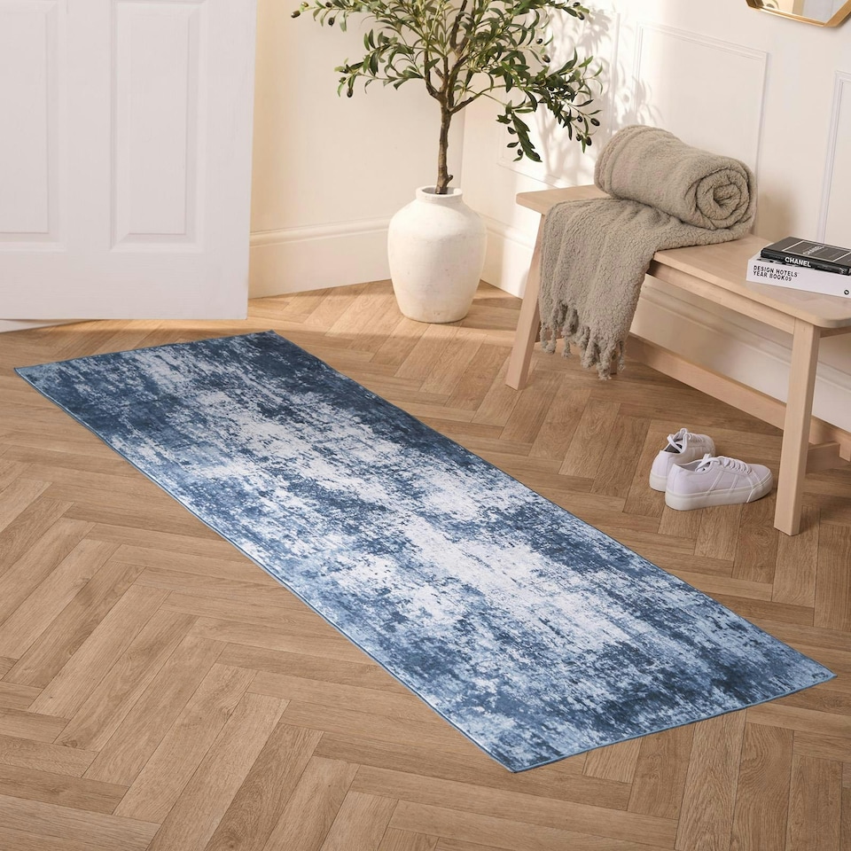 image 1 of OHS Abstract Print Washable Indoor Carpet Floor Rug Runner, 66x200cm - Navy Blue Blue | Navy Blue | 66x200cm