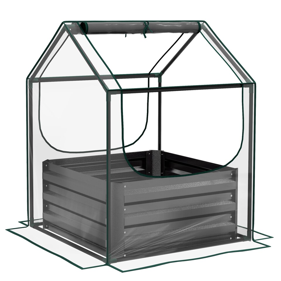 image 1 of Outsunny Raised Garden Bed Planter Box with Greenhouse, Clear and Dark Grey