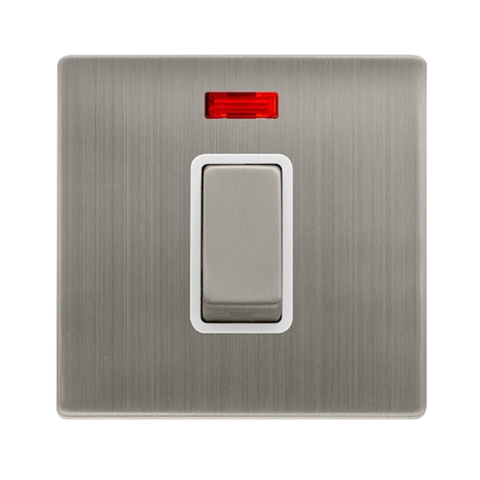 SE HOME Stainless Steel Screwless Plate 1 Gang Ingot Size 45A Switch With Neon - White Trim - SE Home White | Stainless Steel