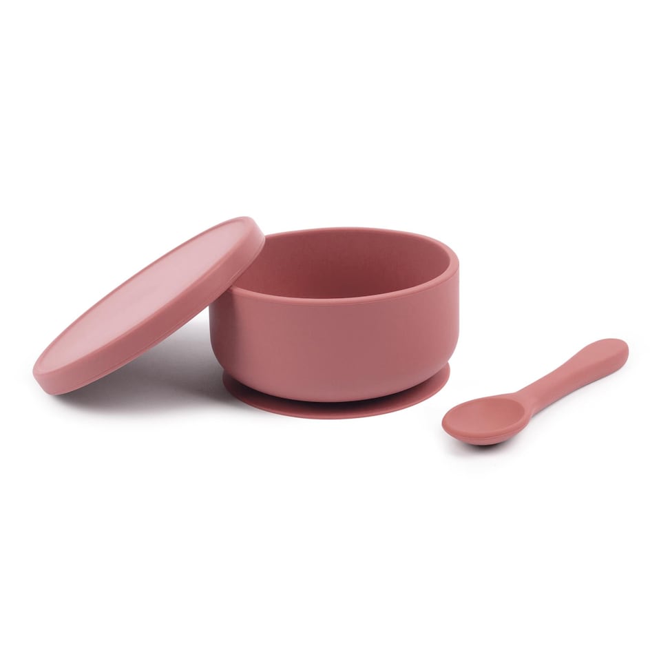 image 1 of Tiny Dining Silicone Suction Bowl & Spoon Set - Dusty Rose - Non-Slip Silicone Baby Toddler Weaning Bowl Feeding Set | Pink | Dusty Rose
