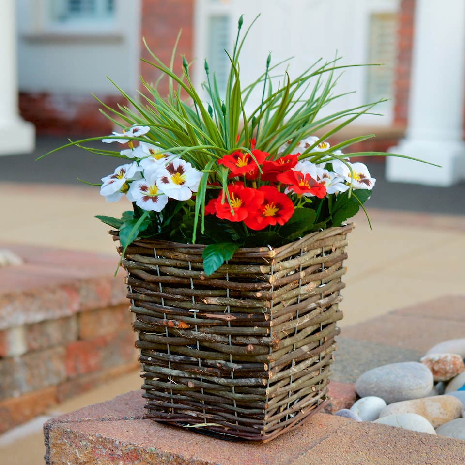 image 1 of Best Artificial Pre-Made 44cm Red & White Pansy Flowers in Rattan Wicker Planter Pot - Suitable For Outside Use | Red | Red and White | 1