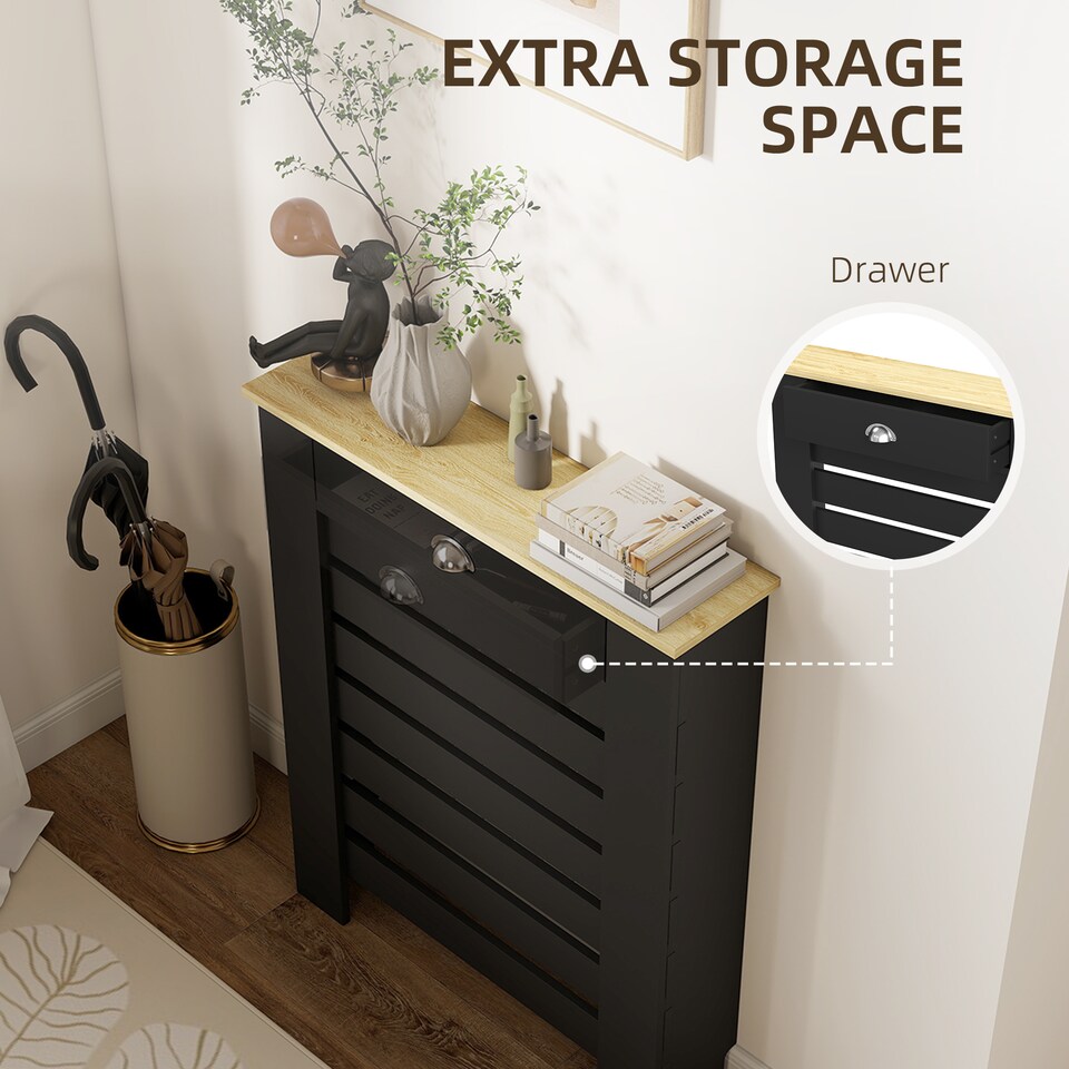 image 1 of HOMCOM Radiator Cover with Drawer, Horizontal Slat, 78cm | Black | Black | 78W x 19D x 95.5H cm