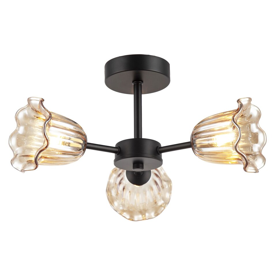 image 1 of Designer Matte Black Ceiling Light with Amber Floral Glass Shades