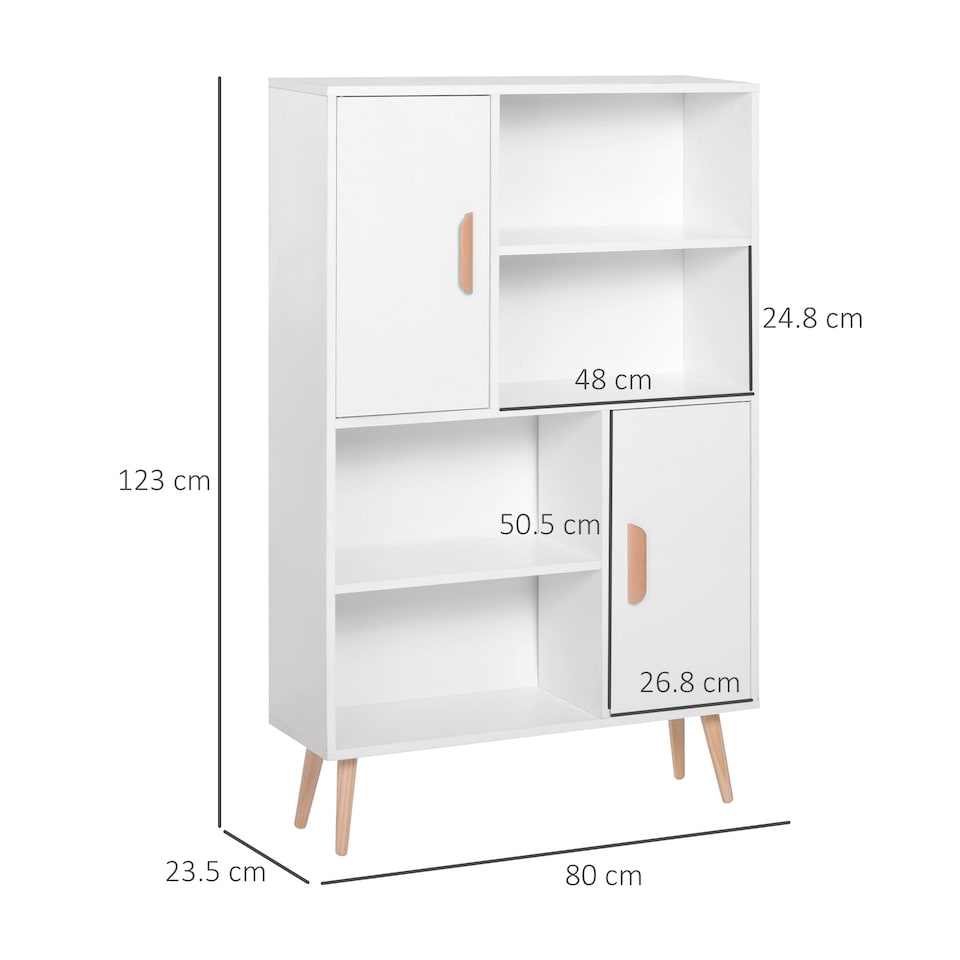 image 1 of HOMCOM Sideboard Bookshelf Free Standing Bookcase Shelves Unit Display Storage Cabinet w  Adjustable Shelves, Wooden Leg, Two Doors, White