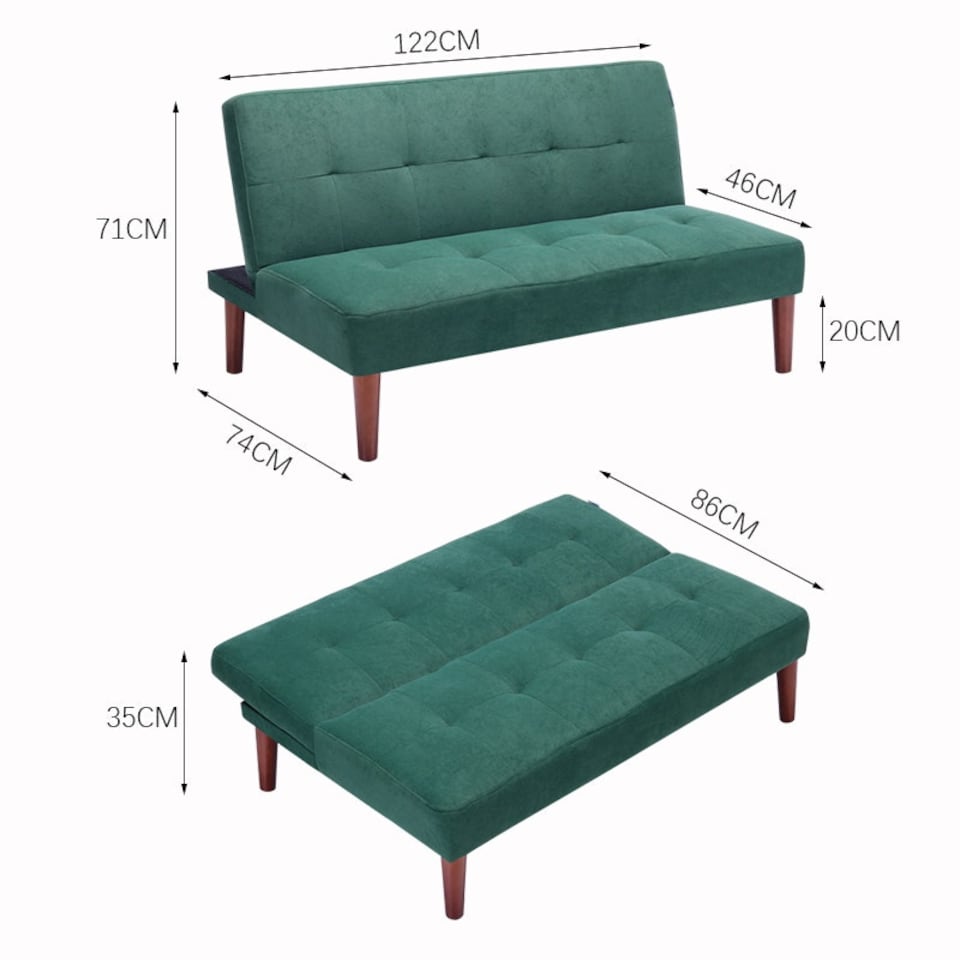 image 1 of Living and Home Modern 2-Seater Convertible Sofa Bed with Wooden Legs - Green | Multi