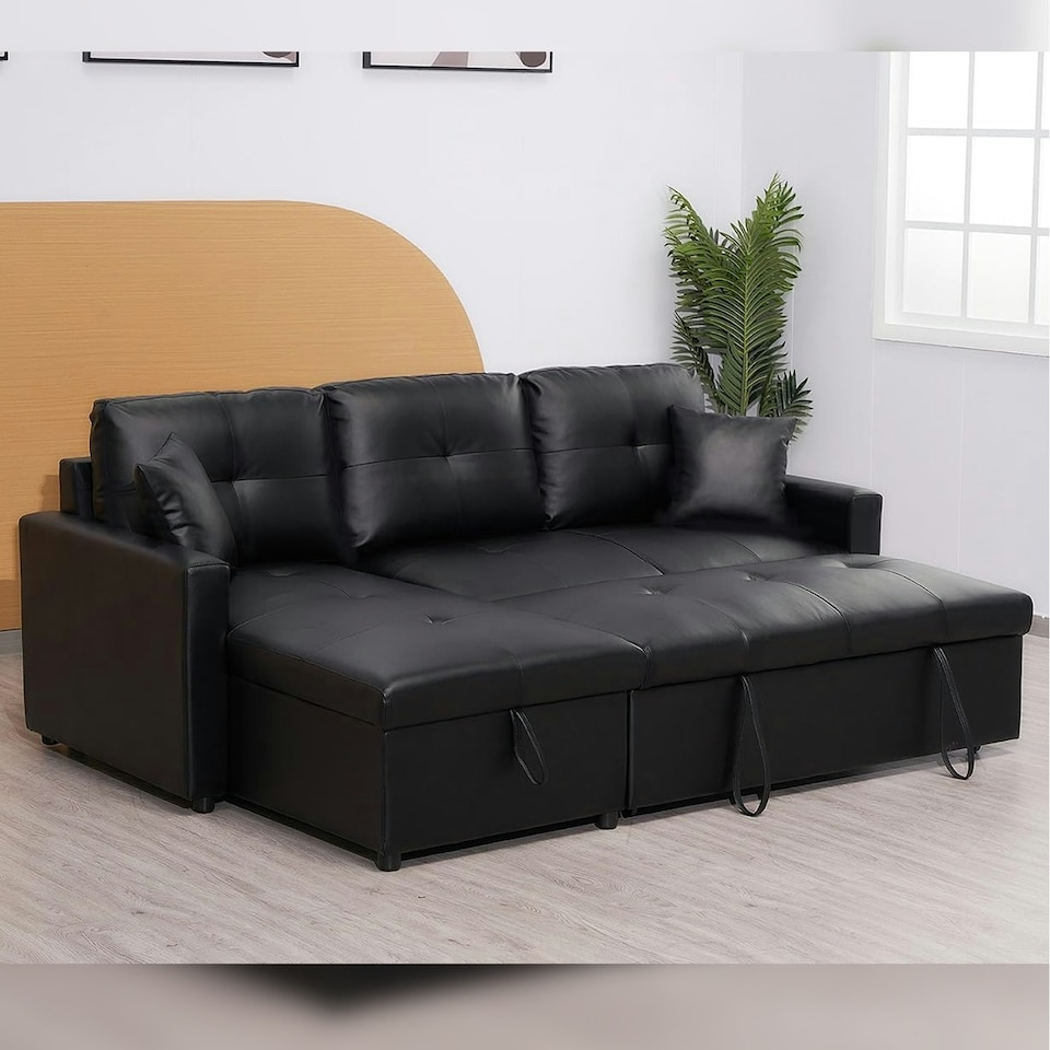 image 1 of Milano 3 Seater L Shape Pullout Sofa Bed with Deep Storage Compartment & Reversible Chaise Cream | Beige