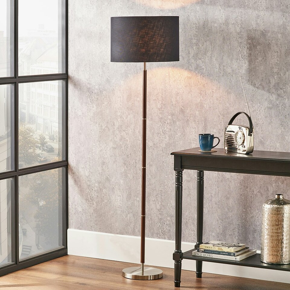 image 1 of Brushed Silver and Wood Effect Floor Lamp Black | Brown