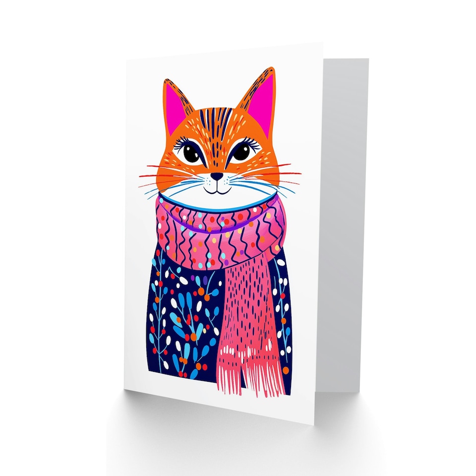 image 1 of Greeting Card Tabby Winter Floral Jumper Pink Scarf Cat Lover For Her Woman Xmas Christmas Card