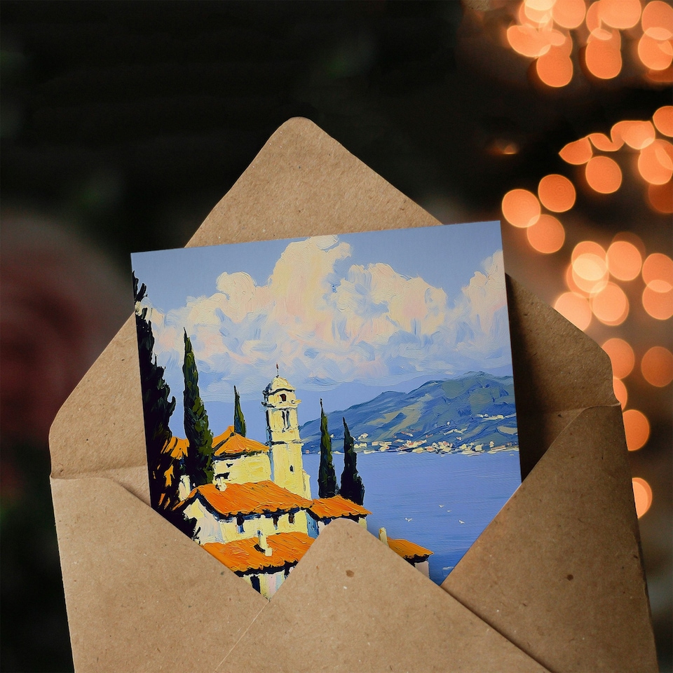 image 1 of Christian Church Coastal Cliff Italy Landscape Birthday Greeting Card