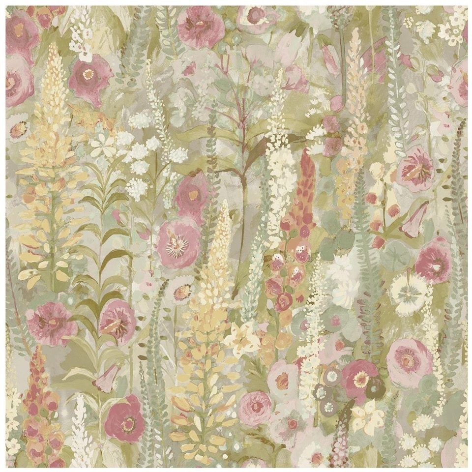 image 1 of Watercolour Floral Wallpaper Lupin Sage Green Pink Red Yellow Flower Home Decor