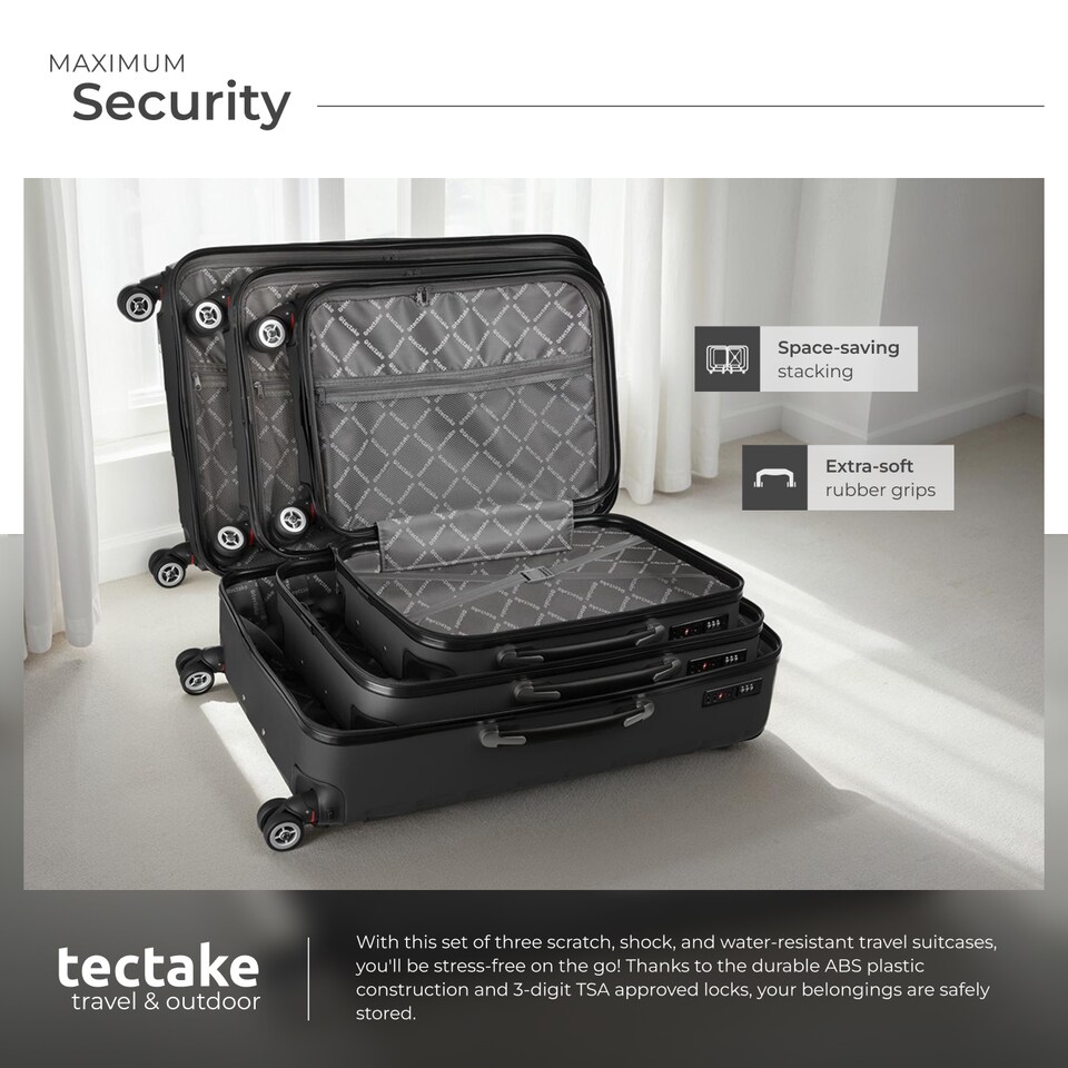 image 1 of Suitcase Set - 3 hard-shell suitcases with telescopic handle, removable wheels | Black | black | 1