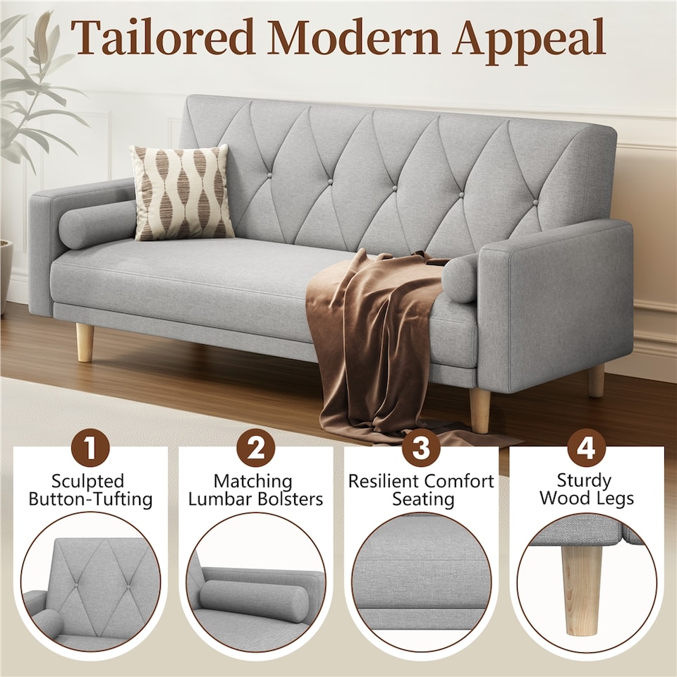 image 1 of Yaheetech Fabric Convertible Sofa Bed with 2 Bolster Pillows-Light Grey