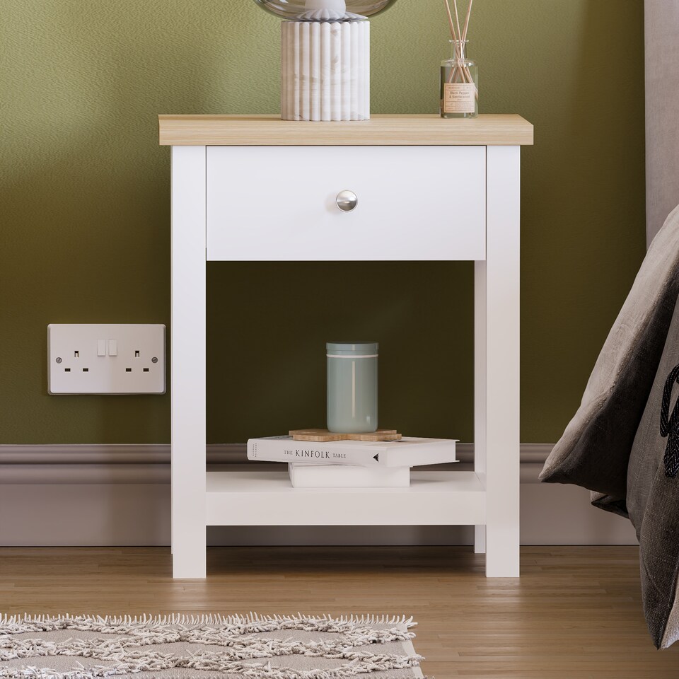 image 1 of Vida Designs Arlington 1 Drawer Side Table Shaker Sofa Bedside Table, White & Oak