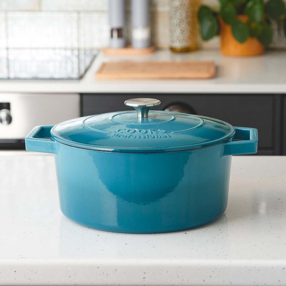 image 1 of Cooks Professional Set of 3 Cast Iron Casserole Dishes 20, 26 & 28cm | Blue | Teal