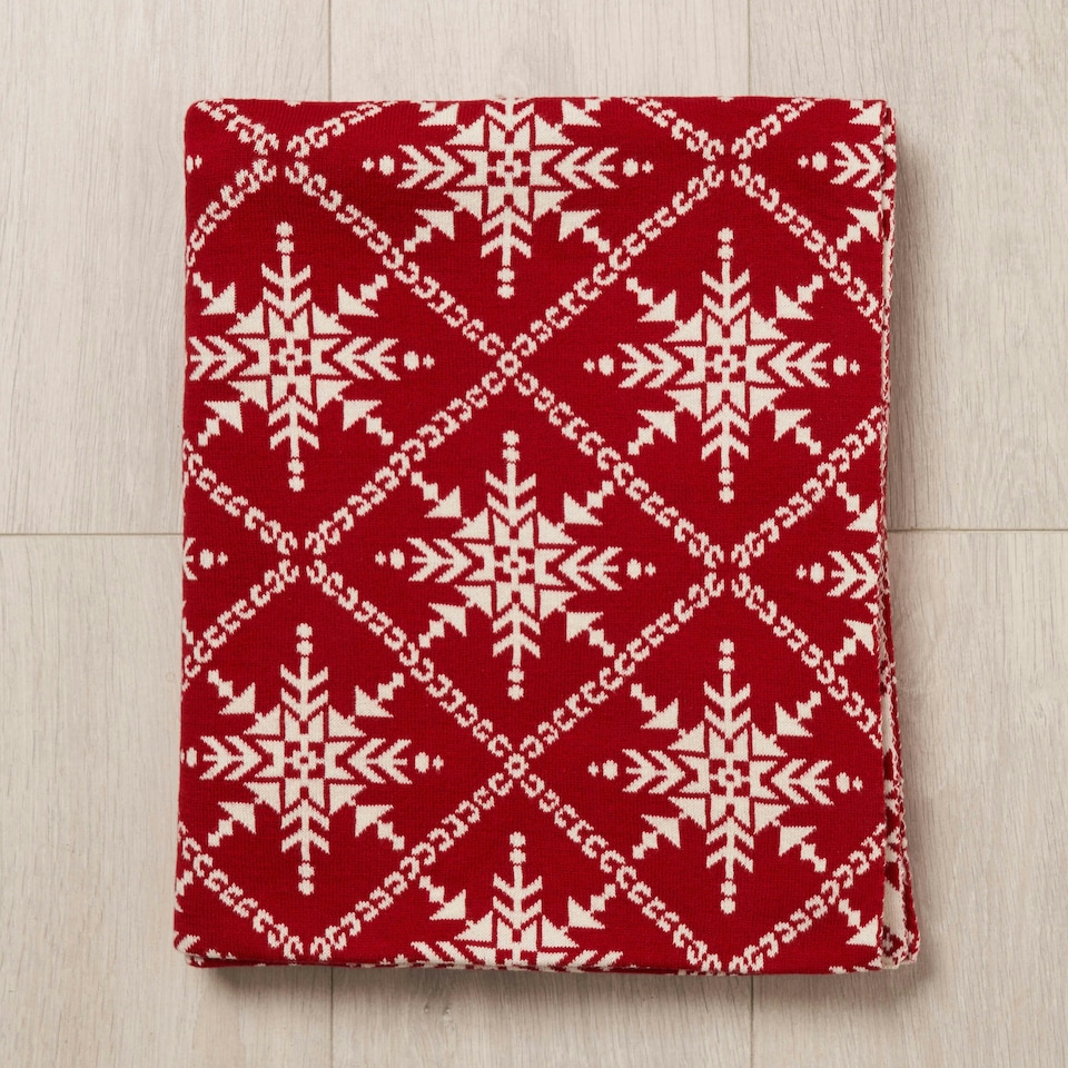 image 1 of Christmas Traditional Snow Flake Reversible Throw, Red