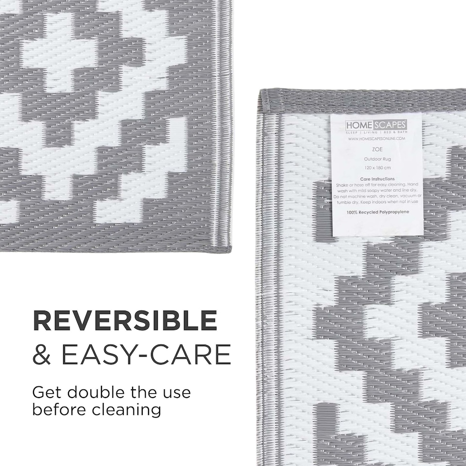 image 1 of Homescapes Outdoor Rug Luxury Waterproof Reversible Recycled, For Garden & Patio, Zoe Geometric Design | Grey | Grey and White
