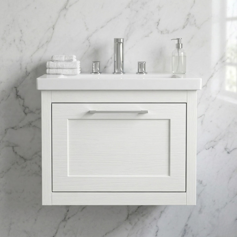 image 1 of Balterley Traditional Bathroom Wall Hung 1 Drawer Vanity Unit and 3 Tap Hole Modern Fireclay Basin | White | Nimbus White