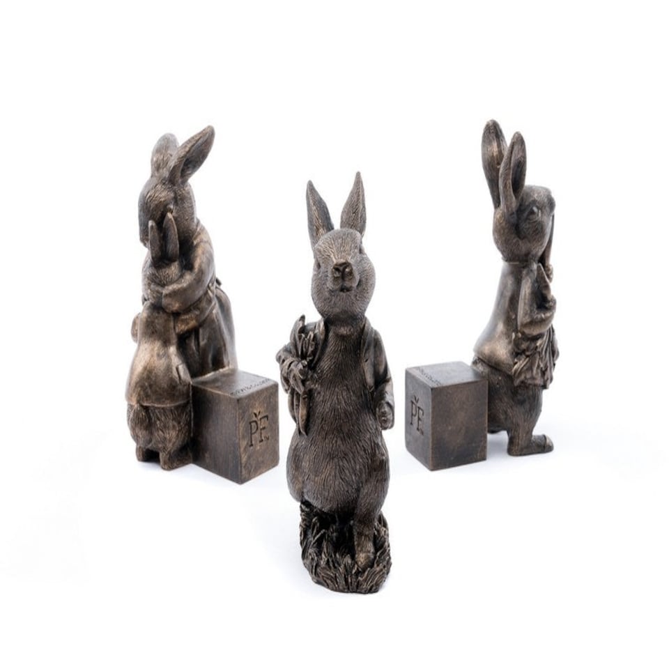 image 1 of Beatrix Potter Bronze Peter Rabbit Plant Pot Feet - Set of 3 - Peter Eating Carrots, Running and Hugging - L6.5 x W8 x H11 cm Brown