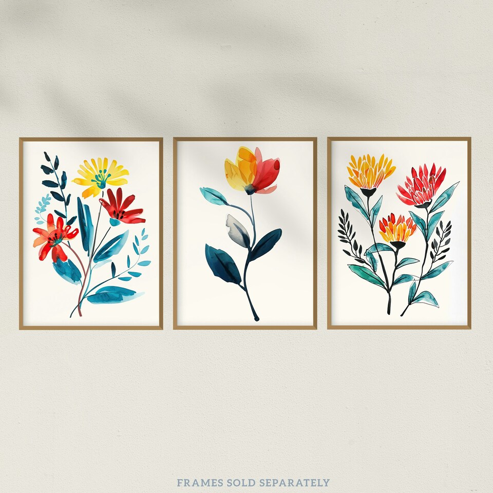 image 1 of Set of 3 Prints Wildflowers Floral Watercolour Bright Wall Art