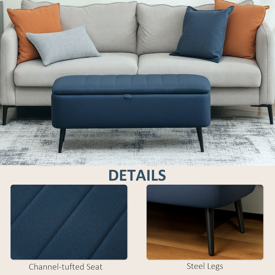 image 1 of HOMCOM Storage Ottoman Bench, Linen Fabric Footstool with Steel Legs Blue