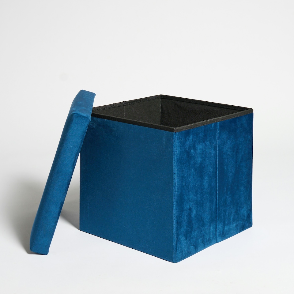 image 1 of OHS Matte Velvet Soft Foldable Cube Footstool Seat Storage Organiser Ottoman Blue | Teal