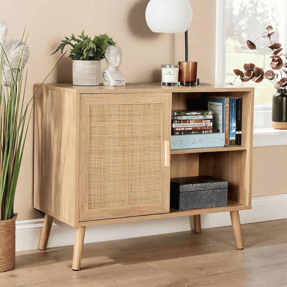 image 1 of Sideboard 1 Rattan Door Front Open Shelving Cabinet Living Home Furniture Unit