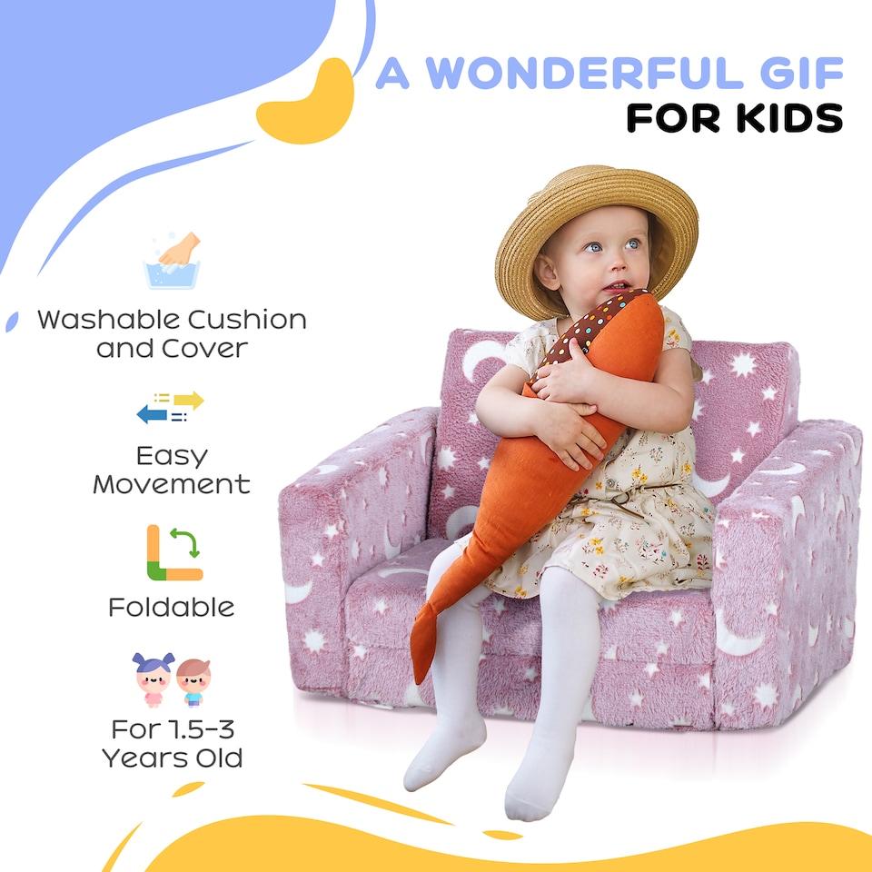 image 1 of AIYAPLAY Kids Sofa Bed, Folding Toddler Armchair, Glow in The Dark Star Moon | Pink | One Size