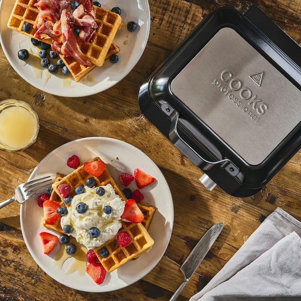 image 1 of Cooks Professional Digital Dual Waffle Maker Iron Machine with Non-Stick Plates, Adjustable Temperature & Spatula - 1500W