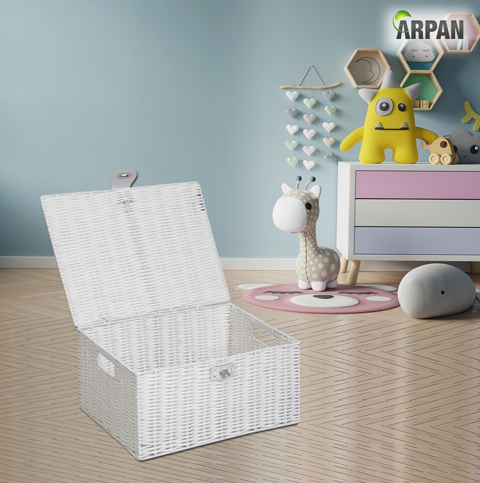 image 1 of Resin Woven Storage Basket with Lid & Strap Lock – White Hand Woven Storage Box on Metal Frame with Handles – Multipurpose Storage Basket for Bedroom, Bathroom, Nursery & Utility Room