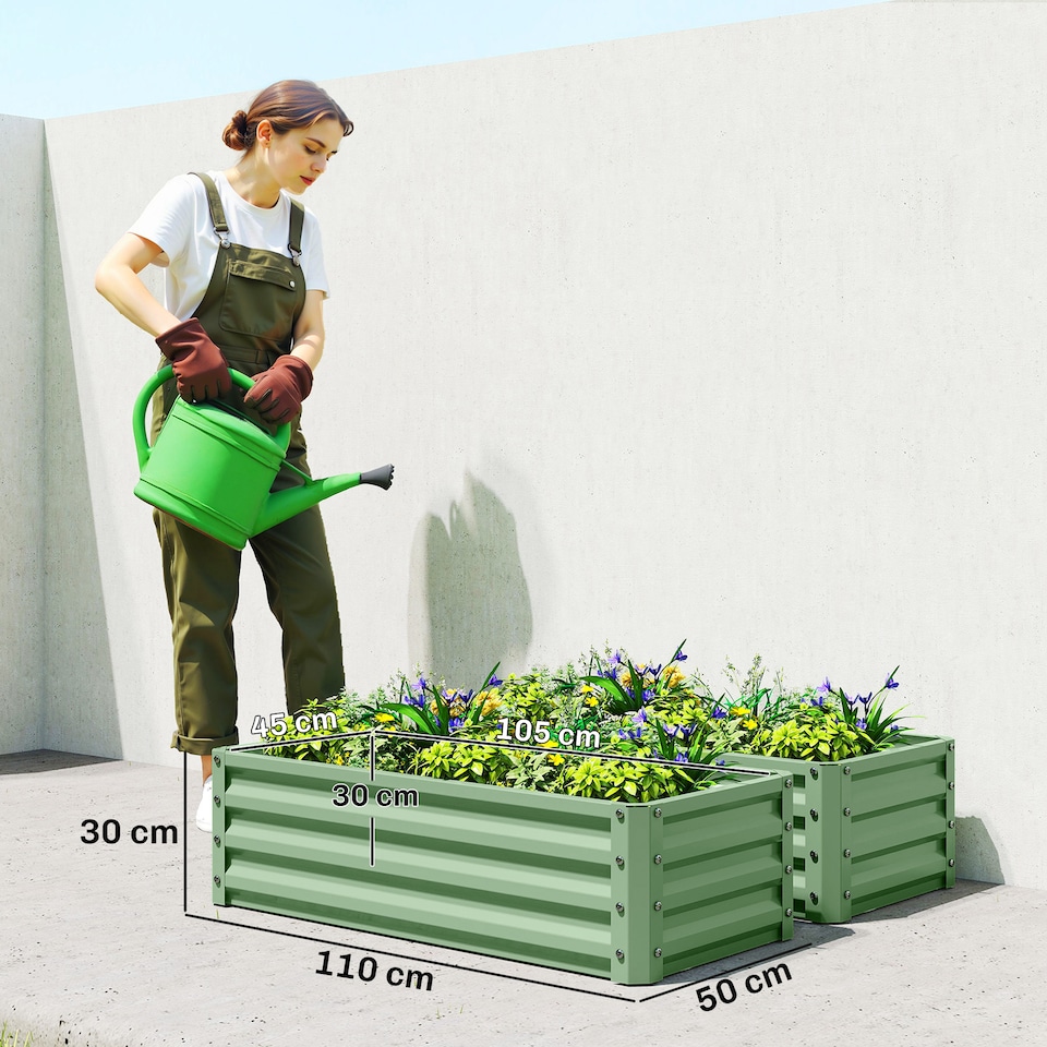 image 1 of Outsunny Set of 2 Raised Garden Bed Galvanised Planter Box, Light Green | Green | Green