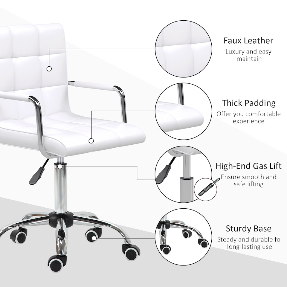 image 1 of Vinsetto Makeup Vanity Chair, PU Leather Mid Back Office Chair with Adjustable Height, Armrest and Rolling Wheels, White