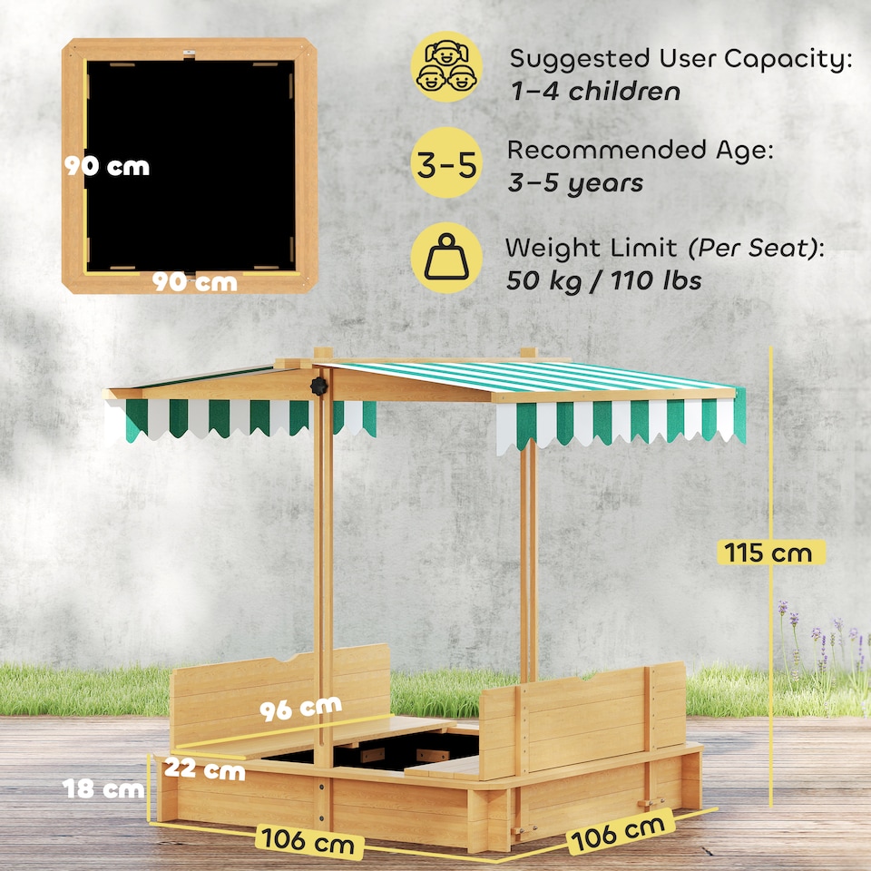 image 1 of Outsunny Kids Square Wooden Sandpit, Children Sandbox Outdoor Playset | Yellow | Natural, Blue