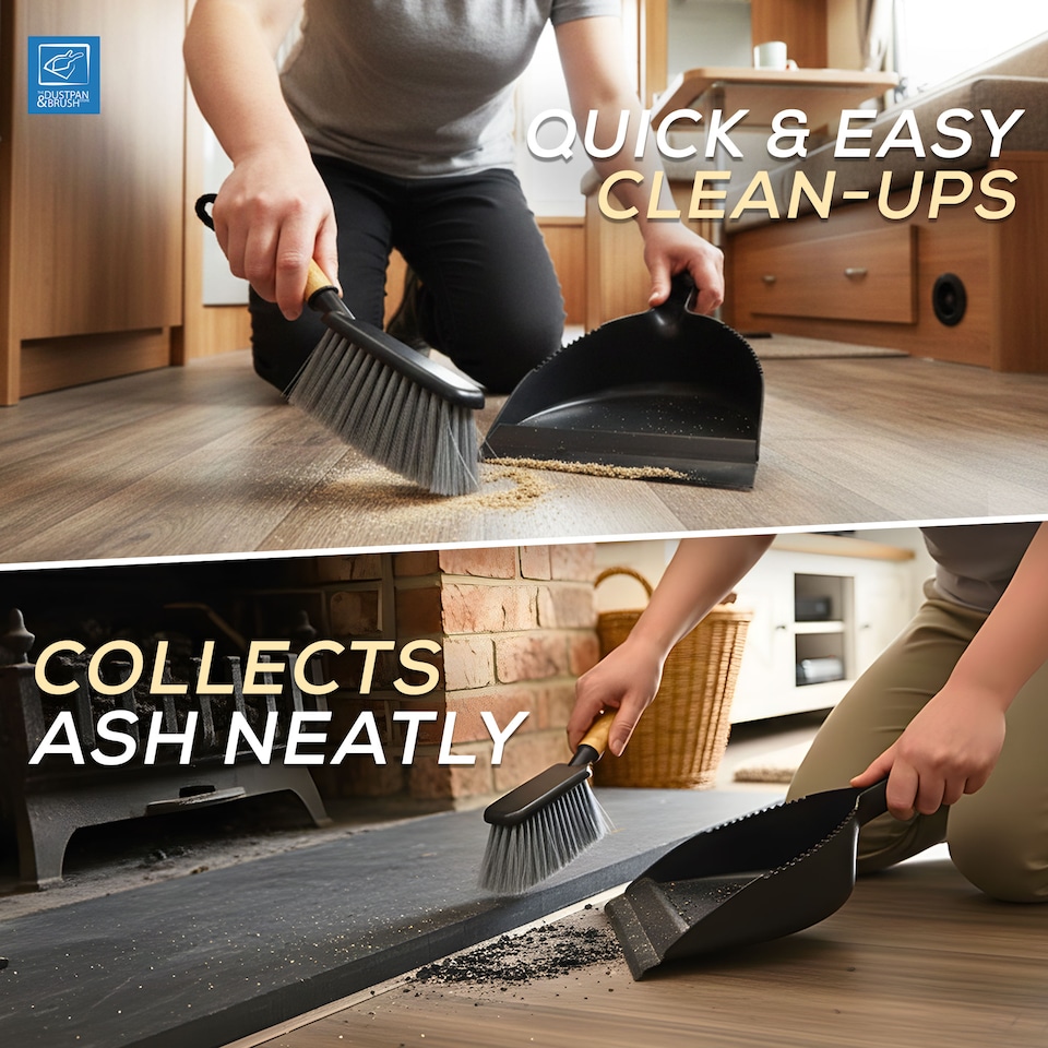 image 1 of Bamboo Handled Black Dustpan and Brush Set