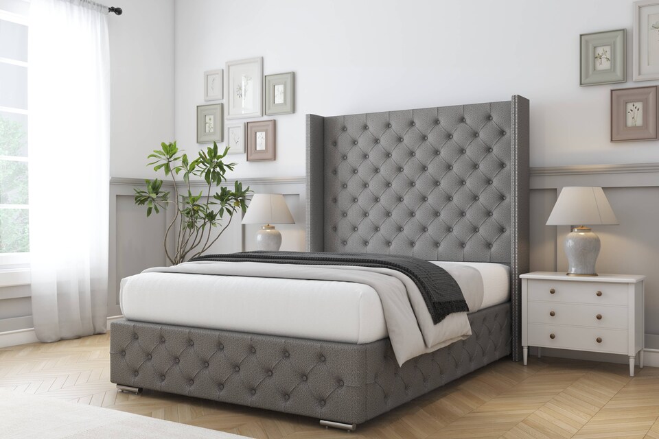 image 1 of Sloomy Arundel Pewter Dumfries Bed Frame With 50"  Upholstered Wingback Headboard 2'6 Small Single