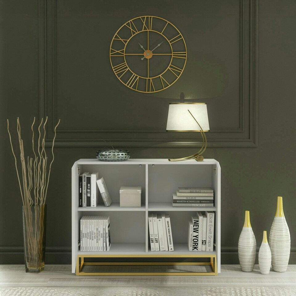 image 1 of White Sideboard 100cm Fluted Doors Gold Frame Modern Storage Cabinet