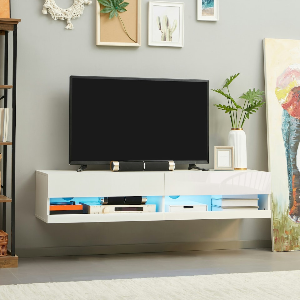image 1 of HOMCOM High Gloss TV Stand Unit Wall Mounted with LED Lights, White