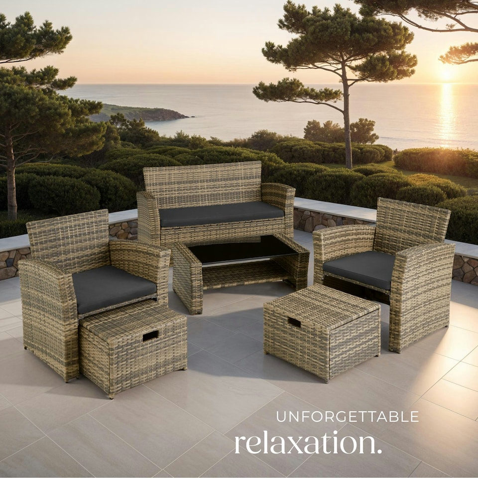 image 1 of Garden Furniture Set Modena- sofa with storage, armchairs, stools, coffee table - Nature