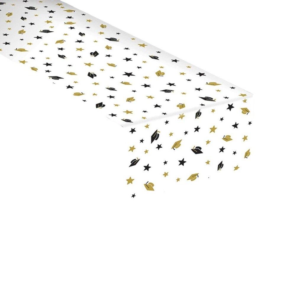 Amscan The Adventure Begins Paper Graduation Cap Table Runner - White/Black/Golden - One Size
