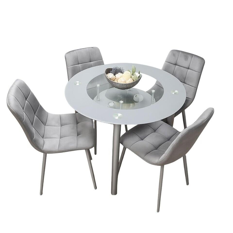 image 1 of Dining Table And 4 Chairs Grey Round Table With 4 Grey Velvet Chairs Dining Room Furniture