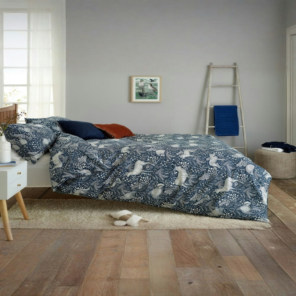 image 1 of Woodland Folk Cotton Blend Duvet Cover Set – Forest Print Bedding | Blue | navy | Single