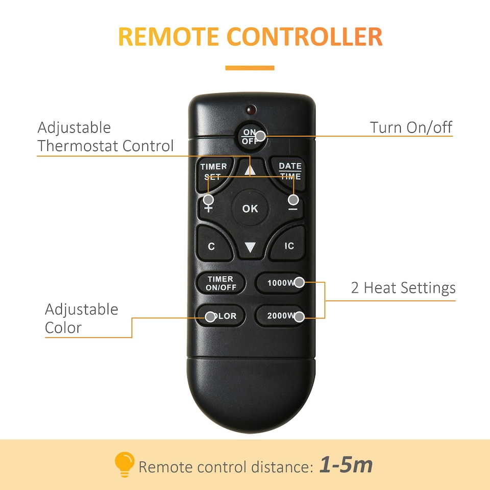 image 1 of HOMCOM 1000W/2000W Electric Wall Fireplace LED Flame Effect Timer Remote Heater