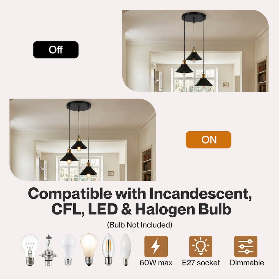 image 1 of Emitto Pendant Light 3 Lights Height Adjustable Vintage Ceiling Light Black