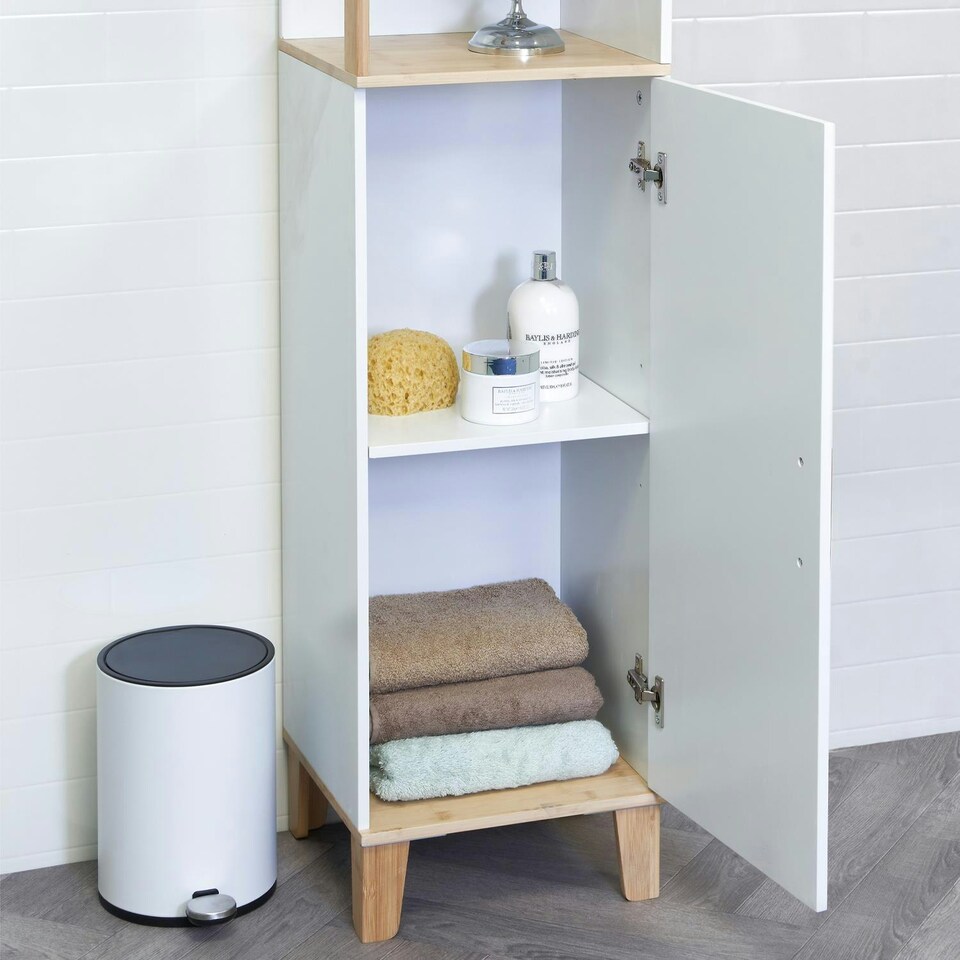 image 1 of Showerdrape Catania Matt White & Bamboo Tall Bathroom Cabinet with Display Shelves