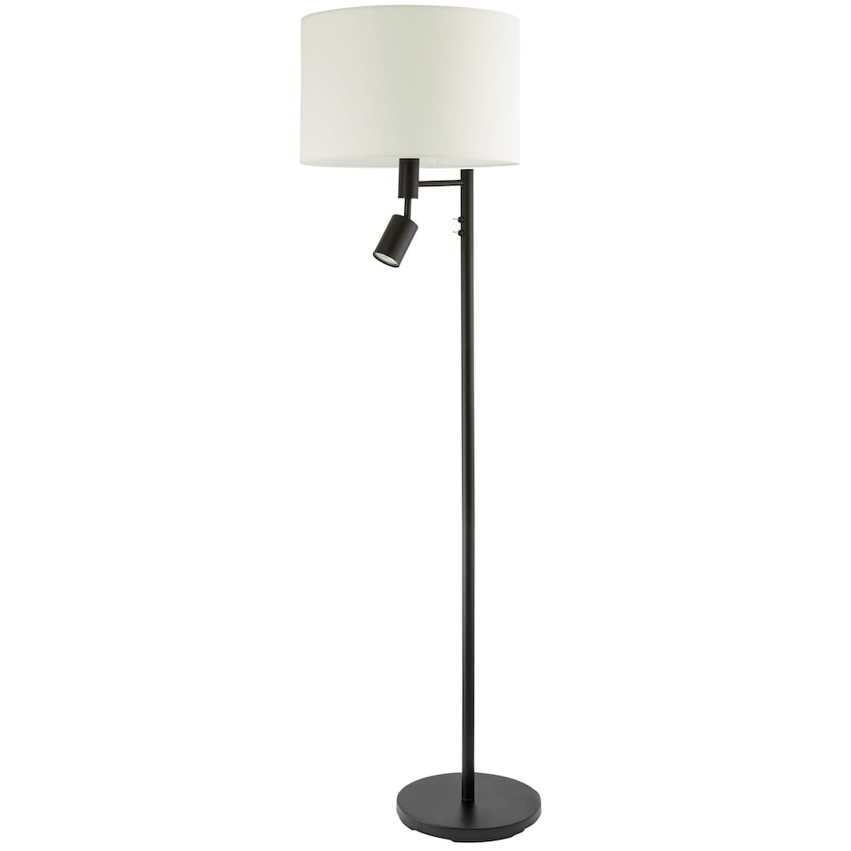 image 1 of Modern Black Floor Light with LED Adjustable Spot Lamp and White Cotton Shade | Black