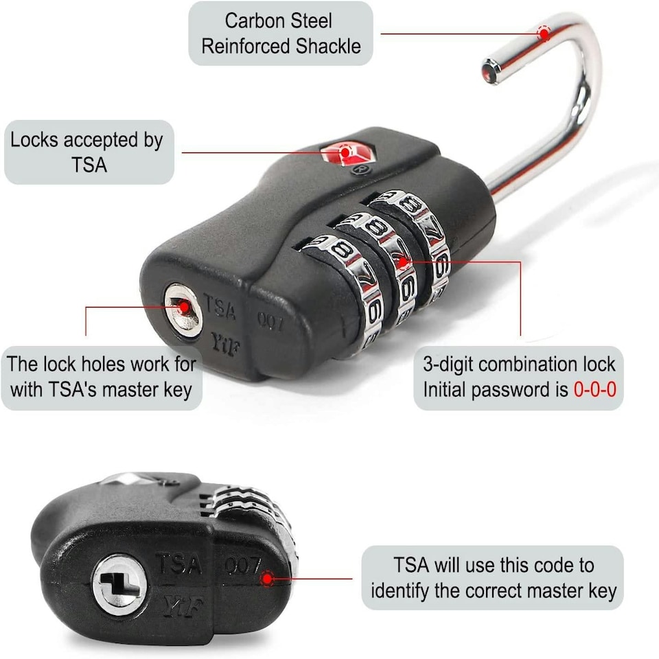 image 1 of TSA Approved Black 3 Combination Travel Suitcase Luggage Padlock Black