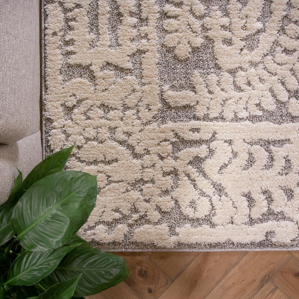 image 1 of KUKOON Grey Cream Floral Plush Loop Pile Living Room Area Rug 60cm x 110cm