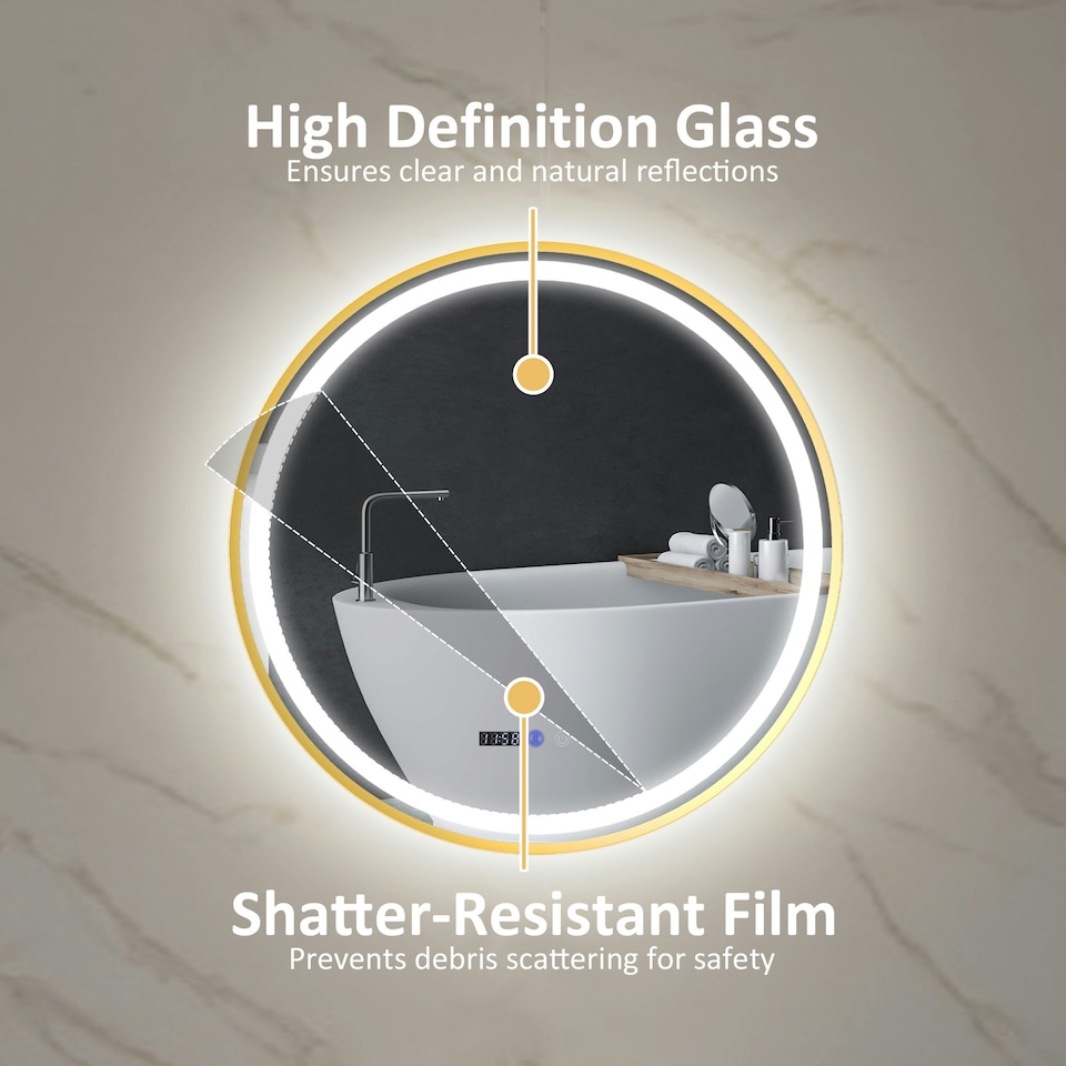 image 1 of HOMCOM Illuminated Bathroom LED Mirror 80cm Round Wall Mounted Mirror Gold